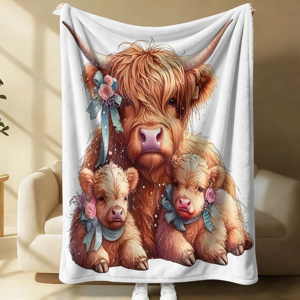 Highland Home Textiles - بطانية بطبعة بقرة هايلاند، بطانية فلانيل